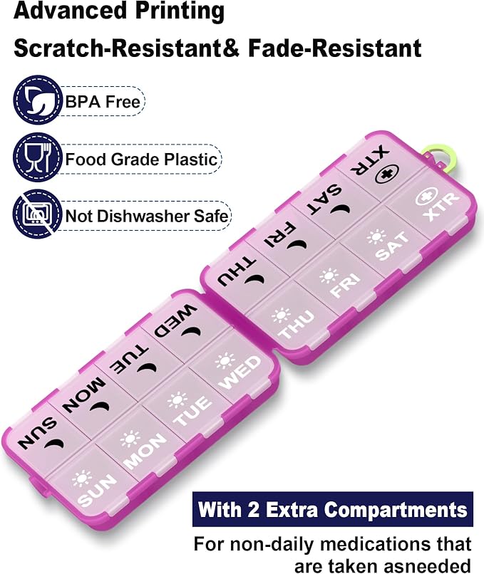 Pill Organizer Travel Medicine Organizer - Weekly Pill Organizer with 2 Extra Compartments, Clear Printed Labels, AM PM Pill Dispenser