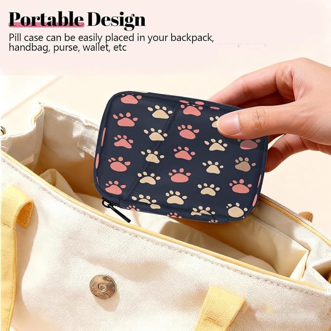 Weekly Pill Organizer Travel Size Bag with Removable 7 Day Pill Box Portable Vitamin Case Purse with Zipper,Pet Paw Prints Pattern