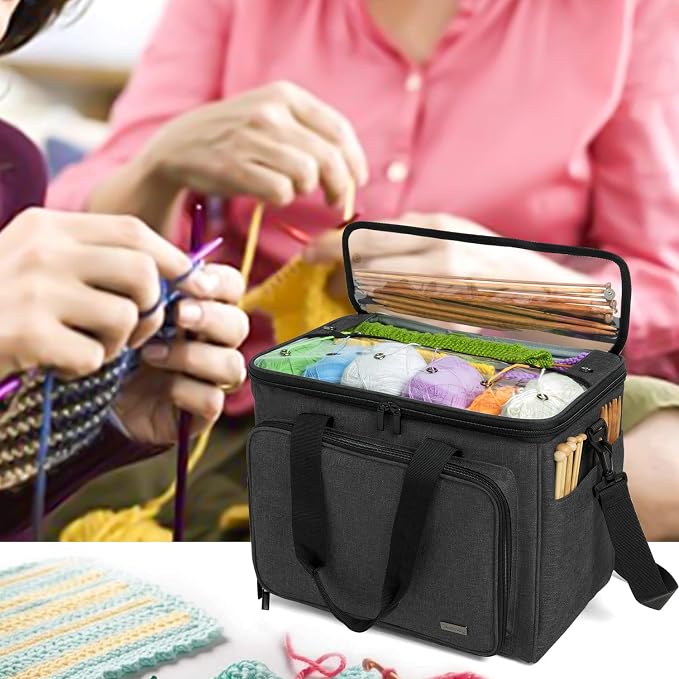 Teamoy Knitting Bag, Yarn Storage Organizer Crochet Bag Tote, Black | Yarn Holder with Inner Divider(Sewn to Bottom) for Crochet Hook, Knitting Needles(Up to 14"), Project and Crocheting Supplies