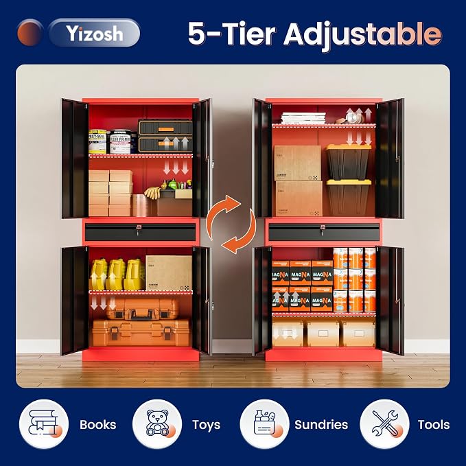 Metal Garage Storage Cabinet with Locking Doors and Adjustable Shelves,- 71" Tool Storage Cabinet with 1 Drawer for Garage,Office,Warehouse