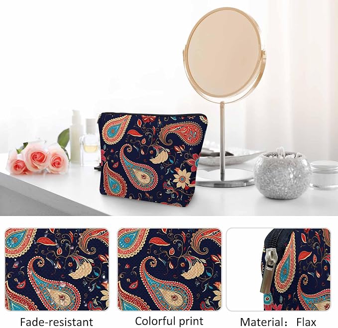 Makeup Bag For Purse Paisley Floral, Ethnic Tribal Floral Paisley Boho Cosmetic Bags For Women With Zipper Travel Toiletry Pouch Makeup Bags Makeup Organizers Purse For Toiletries Cosmetics