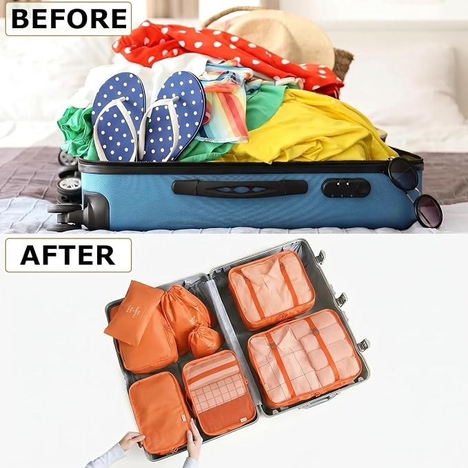 LANSKLBD 6/8 Set Packing Cubes for Suitcases Travel Luggage Packing Organizers,Travel Accessories Essentials Luggage Organizer with Shoe/Tioletry/Laundry Bag (Orange, 8 set)