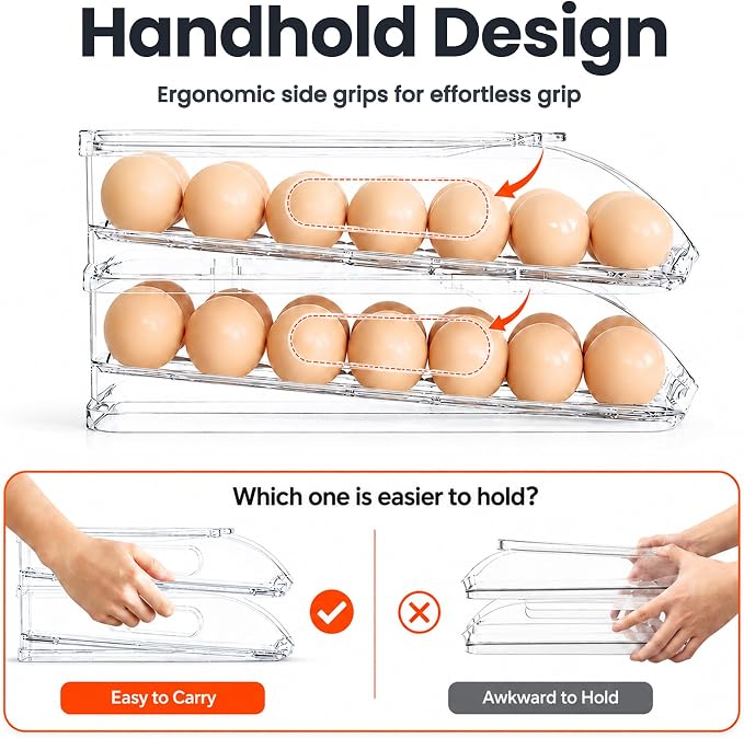 SMRCAD 36-Egg Dispenser with Silicone Bumpers, Auto-Rolling, Stackable | BPA-free food-grade PET | Stackable with lid | Built-in handle | Fits Large to Jumbo Eggs | Hand wash only