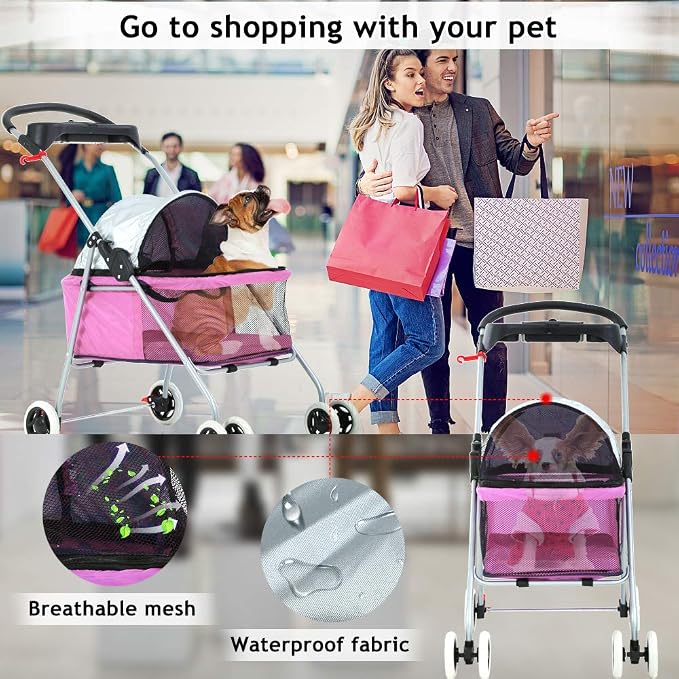 4 Wheels Pet Stroller,Dog Cage Protable Travel Folding Carrier Cart Waterproof Buggy Doggie Dog Stroller Jogger with Cup Holders for Small-Medium Pink