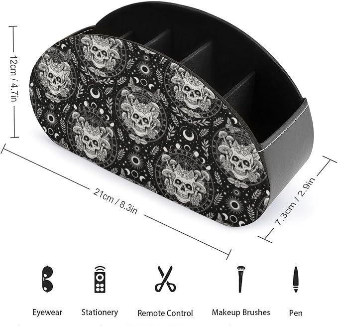 Desktop Remote Control Holder Moon Skull Mushroom Storage Cup Caddy Box | Table Desk Organizers with 5 Compartments, Skeleton Sun Moon Skull Mushroom, Multi-functional Office Supplies