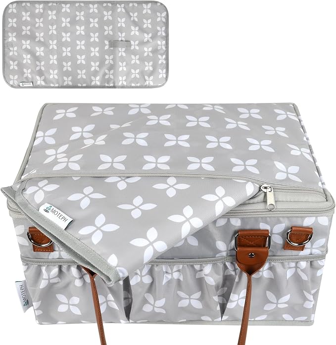 Diaper Caddy with Changing Mat, Large Baby Diaper Caddy Organizer with Lid, Portable Organizer Basket for Nursery and Car, Shoulder Strap and Pacifier Organizer