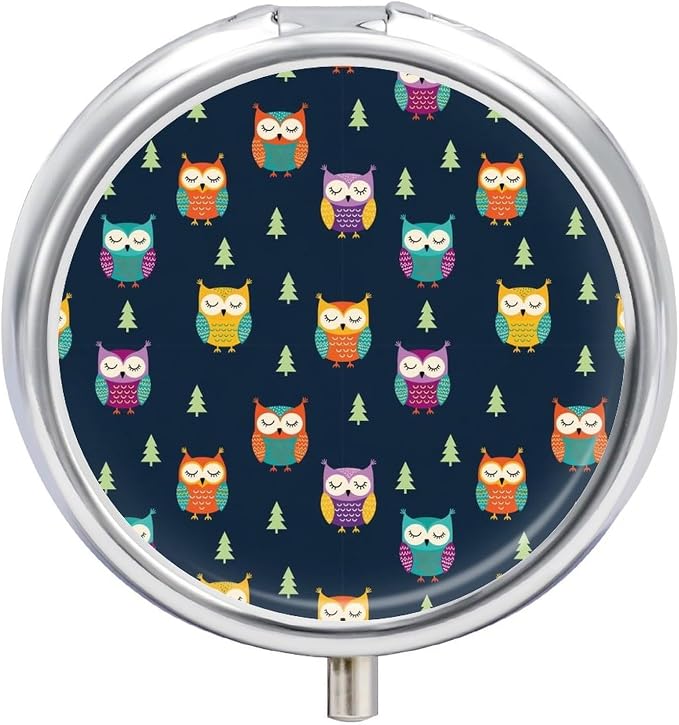 Small Pill Holder, Owl Round Waterproof Organizer, Travel Case for Vitamins, Pocket Purse Box for Daily Fitness