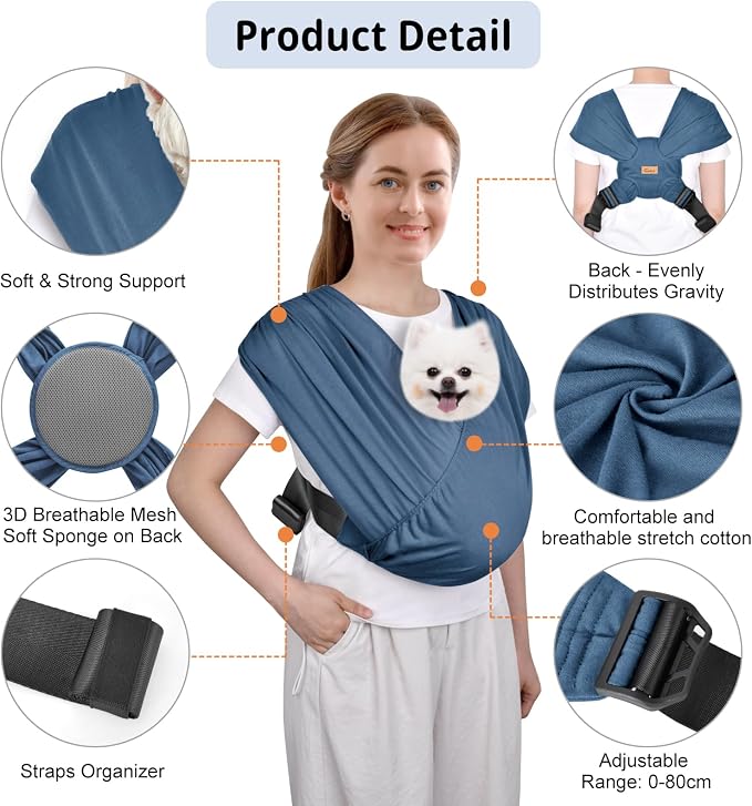 Swaddle Dog Sling Carrier for Small Dogs, Front Pet Sling Carrier Chest,Hands Free Adjustable Cat Sling Carrier Soft Cotton Reducing Pain Puppy Sling Carrier for Small Pet Up to 10lb (Blue)