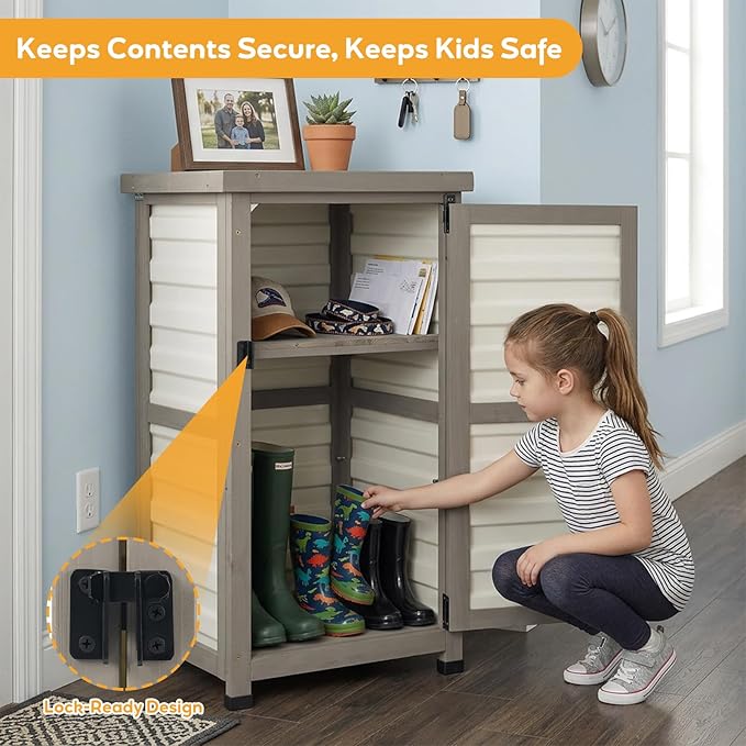 Outdoor Storage Cabinet with Metal Top, Wooden & Plastic Potting Bench & Tool Organizer, Adjustable Shelf for Patio Backyard Garden, Small Outdoor Cabinet for Tools