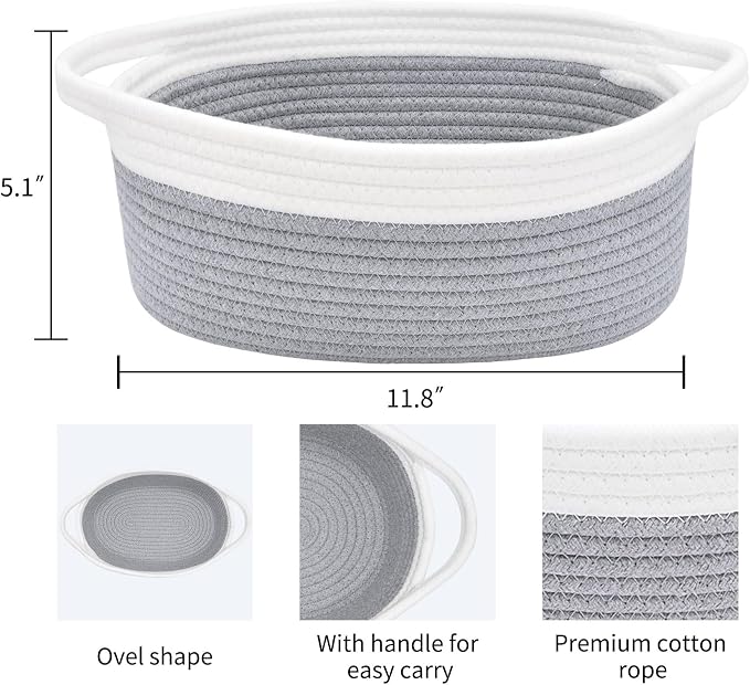 ABenkle Small Basket with Handles, Boho Decorative Rope Woven Dog Cat Toy Storage Bin Shelf Storage Organizer, Easter Christmas Gift Basket, 12"x8"x5", Grey