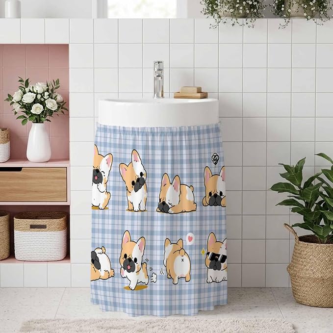 Cute Puppy Oven Skirt Curtain for Kitchen Decor 28"x35", Blue Purple Plaid Modern Funny Dogs Pet Self Adhesive Stove Curtains Skirt Cabinet Curtains for Bathroom Laundry Room