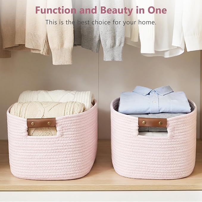 ECDYQXVU 15x10x9 Woven Cotton Rope Storage Basket, Leather Handles 1 Pack | Foldable Design, Sturdy PU Handles, Easy to Clean Organizer for Living Room, Closet, Shelves, Bedroom, Laundry, Clothes