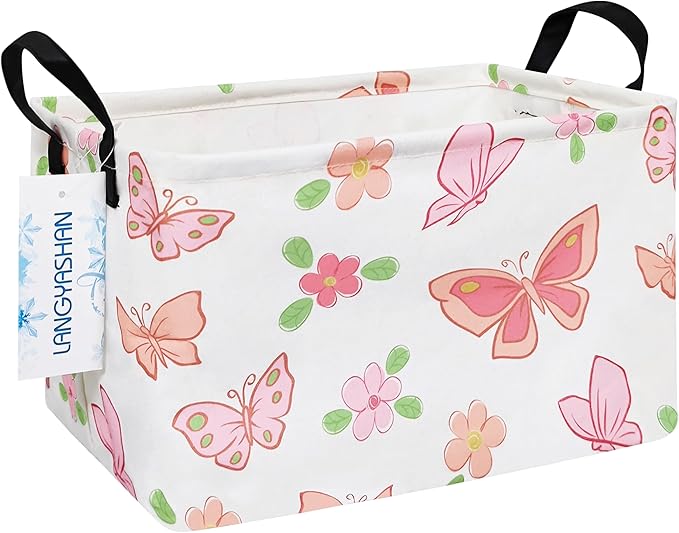 Rectangular Collapsible Pink Butterfly Storage Basket Nursery Organizer | Storage Bin Foldable Canvas with Handles for Organizing Home Kitchen Children Toys Office Closet Shelf Baskets