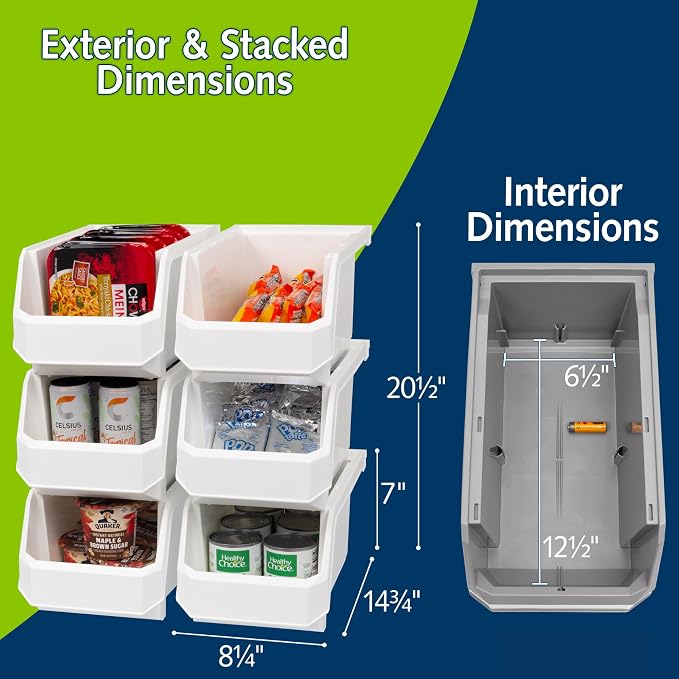 Large Stackable Plastic Storage Bins, 6-Pack, White | Open-Front Stackable Bins For Garage, Pantry, Closet & Office, 14,8"L X 8"W X 7"H, Nests When Empty, Durable Plastic,