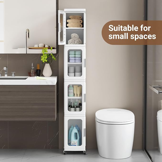 BROVIEW 3-Tier Tall Narrow Storage Cabinet Organizer, Slim Bathroom Cabinets with Adjustable Shelves and Doors, Plastic Kitchen Pantry Organizers and Storages for Small Space, Laundry, White