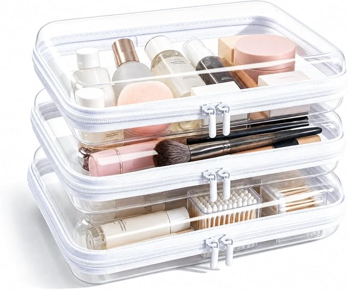 Clear Hard Shell Zipper Case, Crush-Proof Clear Zipper Pouches, TSA Approved Travel Toiletry Bag, Waterproof Makeup Bag & Diaper Bag, Organizer Bins for Toy Storage, Travel Accessories 3L-White