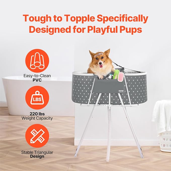 VEVOR Portable Dog Bathtub Foldable Pet Shower Station with Drain, Grey | for Washing and Grooming Small and Medium Dogs and Cats Indoors or Outdoors, with Efficient Drainage and Space-Saving Storage