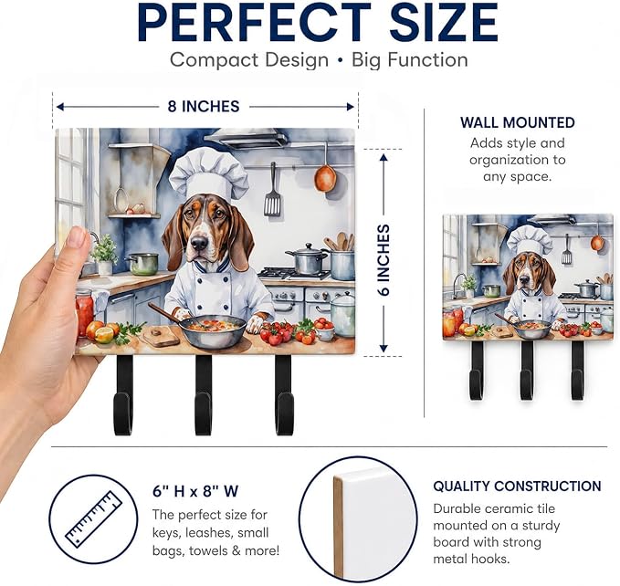 Caroline's Treasures American English Coonhound The Chef Leash or Key Holder Wall Hooks, Key Hooks Holder, Coat Rack Wall Mount, Coat Hooks, Hooks for Hanging Keys, Towels, Aprons, Leashes | American English Coonhound The Chef artwork on ceramic tile w...