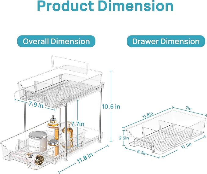 Vtopmart 8 Pack 2 Tier Bathroom Under Sink Organizers and Storage, Clear Kitchen Pantry Organization, Pull Out Medicine Cabinet Organizer with Movable Dividers