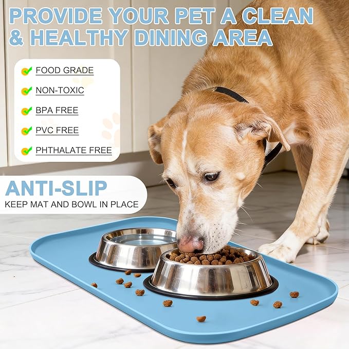 Smilool Silicone Pet Food Mat with Raised Edge for Food and Water Bowl, Dog Feeding Mats, Cat Food Trays for Floor Waterproof, Rubber Tray for Dogs and Cats, 24 x 16 x 0.8 Light Blue