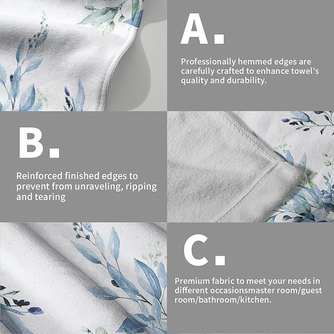 Blue Eucalyptus Hand Towels Set of 2 Sage Leaves Soft Absorbent Small Bath Towel Kitchen Dish Guest Towel for Bathroom Hotel Gym Spa
