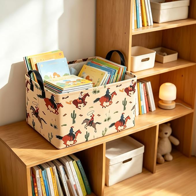 Rectangular Collapsible Storage Basket Nursery Toy Organizer Cactus Cowboy | Storage Bin Foldable Canvas with Handles for Organizing Home Kitchen Children Toys Office Closet Shelf Baskets