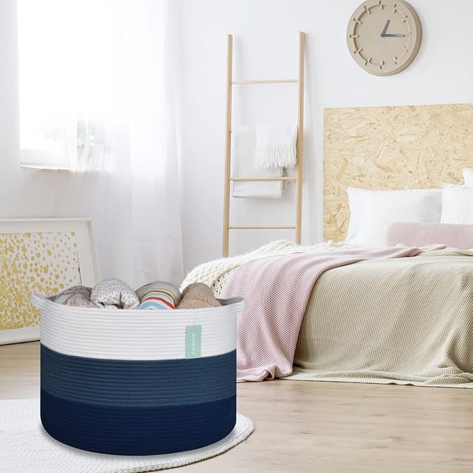 Large Cotton Rope Blanket Basket, 87L Laundry Hamper, White & Blue