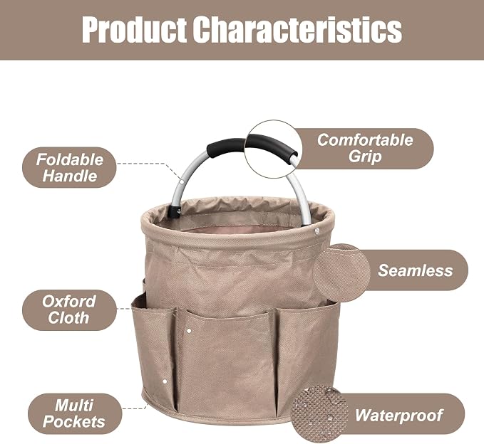 17L Portable Cleaning Bucket Organiser, 6 Pockets Foldable Cleaning Caddy with Handle Wearable Cleaning Caddy Bag for Outdoor Camping Garden Harvest Basket Home Bathroom Storage (Khaki)