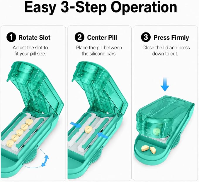 ONE PIX Pill Cutter Splitter for Small and Tiny Pills, Multiple Pill Splitter with Centering Device & Hidden Blade, Adjustable Tablet Cutter for Large Pills, Seniors, Pets, Cyan