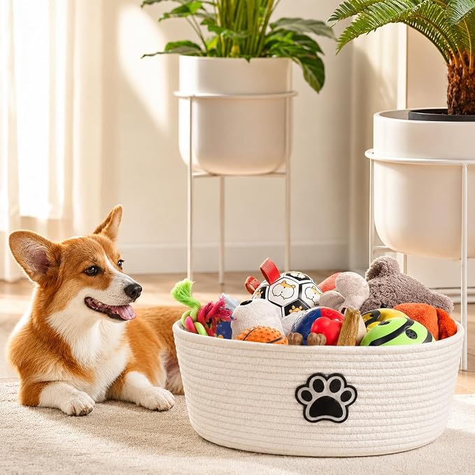 Woven Basket,Dog Toys Basket with Handle,Cute Cotton Gift Baskets Empty for Puppy Leash,Blanket Food, Accessories Pet and Household Storing