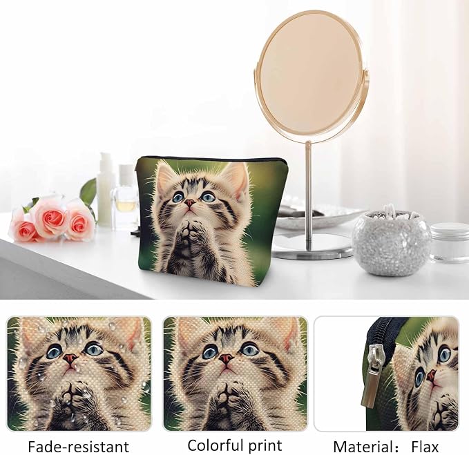 Cat Makeup Organizer - Cute Animal Pet Flax Toiletry Bags, Travel Cosmetic Pouch Skincare Wallet Bags For Women, Mom, Daughter