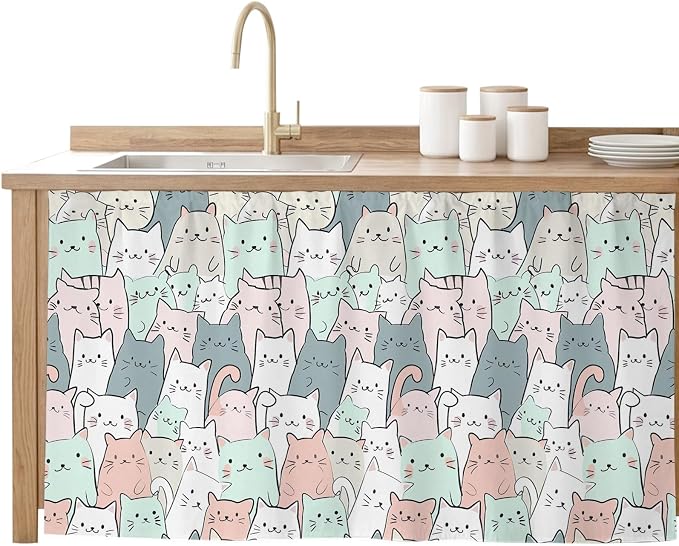 Cartoon Cat Cabinet Curtain 28"Wx51"L, Dustproof Storage Cabinet Curtain with Self Adhesive Tape, Funny Cute Colorful Animal Pet Tall Pantry Cover Drape for Kitchen, Laundry Room, Utility Closet