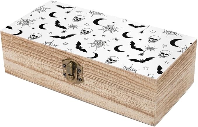 Wooden Keepsake Box for Memories Decorative Memory Boxes with Lid, Gothic | Skull Bat Spider Web Moon Art Gift Crafts Organizer, Wood Storage Container, Party Favor Decor, 9.2"x5.5"x3.9"