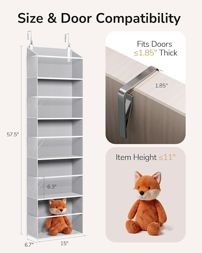ULG Stuffed Animal Organizer Over the Door, Large Hanging Plush Toy Storage with Mesh Window, Cotton Kids Toy Organizer for Bedroom, Nursery, Playroom & Baby Items Clear Grey