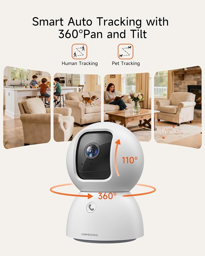 5MP Camera for Home Security, Free 64GB SD Card, Non-Subscription AI Human/Pet/Facial Detection, 3K Dog Cat Pet Camera with Phone APP, 360 Coverage, 2-Way Talk, IR Night Vision, 2.4G 5G Dual Band WiFi