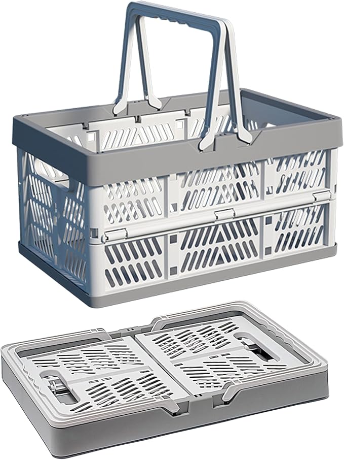 Collapsible Plastic Storage Crate - 20L Folding Organizer Basket Portable Stacking Storage Crate Bin with Handle, for Camping, Picnic, Car Trunk, Home Storage (Gray, M)