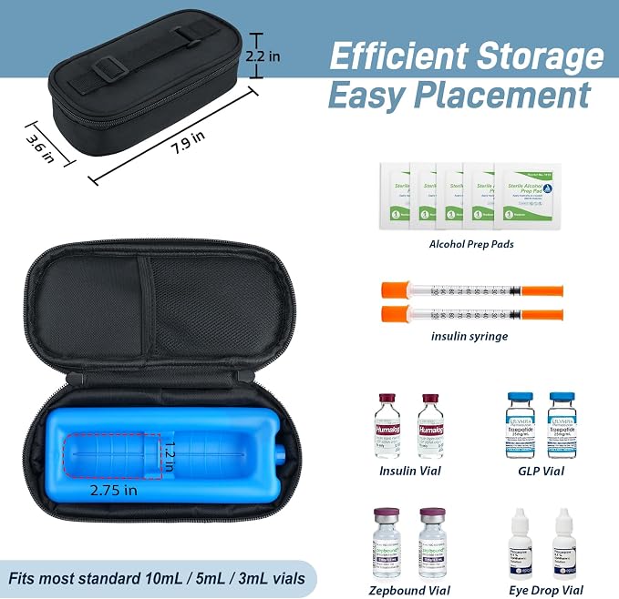 Cruxer Insulin Vial Cooler Travel Case (Black),Keep Medication Vial Cool,Portable Insulated Diabetic Medicine Travel Bag,TSA Approved,Small Bottle Storage Kit with Reusable Ice Brick Cooler