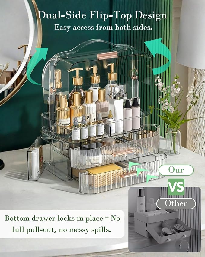 LINFIDITE Cosmetics Storage Box Transparent Lid Large Makeup Organizer Box Drawers Portable Handle Waterproof Dustproof Skincare Display Cases for Countertop, Bathroom, Dresser, PET,Clear Green
