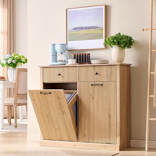 IFGET Double Tilt-Out Trash Cabinet, Laundry Hamper Cabinet, Natural Oak