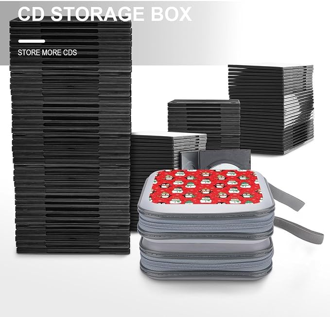Protective 40-Capacity CD Organizer Christmas Cute Penguin Snowman Red, Hard Case Storage Binder with Zipper, Portable Wallet for Car Home Office
