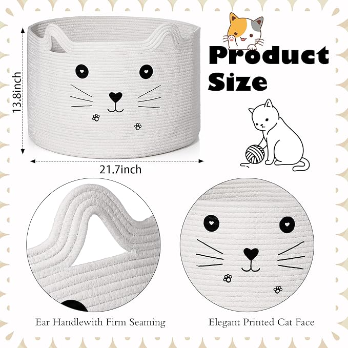 Zopeal Cat Storage Basket Woven Organizer with Ears Decorative Gift Cute Cotton Rope Pet Toy Basket for Gift Cat Dog Toy Bin Nursery Room(21.7 x 13.8 Inch,White)
