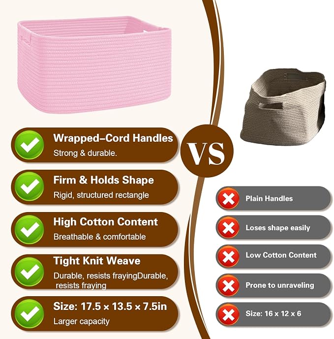 3 Pack Large Storage Basket for Organizing, 17.5"x13"x7" Woven Basket for Shelves, Closet Cube Storage Bins with Wrapped Handle, Cotton Rope Baskets for Kitchen, Clothes, Toys(Light Pink)