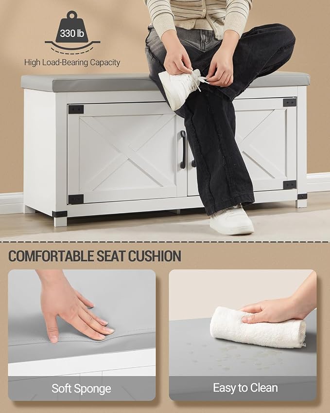Hzuaneri 39.4" Shoe Storage Bench, with Soft Padded Seat Cushion & Doors | 2 Tier Entryway Storage Bench with Adjustable Shelf, Farmhouse Shoe Cabinet for Living room, Bedroom, White SB26603GY