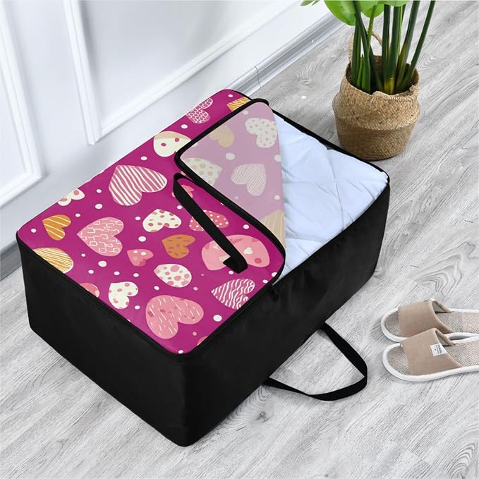 Comforter Storage Bags Large Folding Blanket Organizer Bag with Strong Handles Clear Window Closet Storage Containers for Clothes King Queen Pillows Bedding Quilt Duvet Pink Stripes Hearts