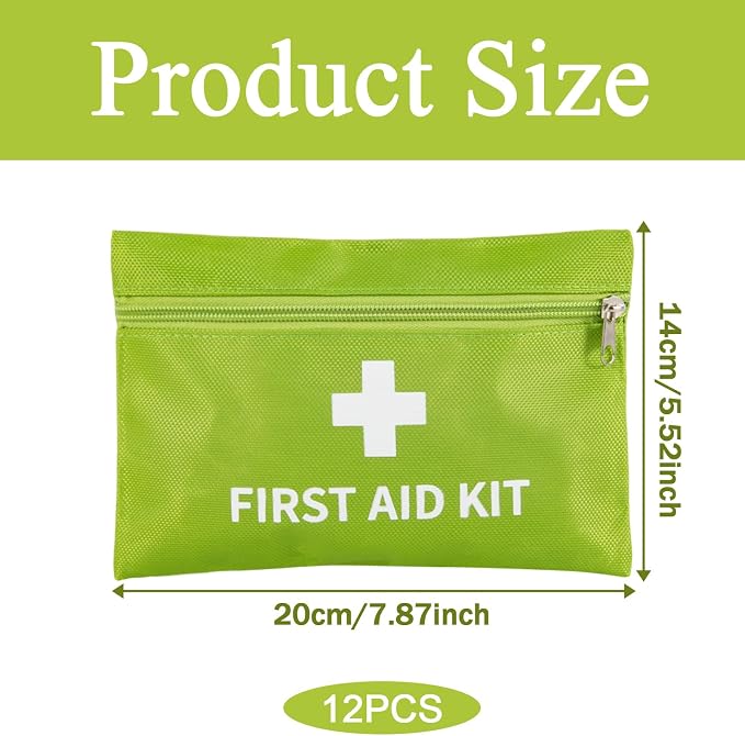 12 Pack Empty First Aid Kit Bag, Small First Aid Pouch Bulk, Water Resistant Travel Medical Organizer, Mini Emergency Supply Storage for Home, Car, Office, Camping, Outdoors (GREEN, 20X14cm, Bag Only)