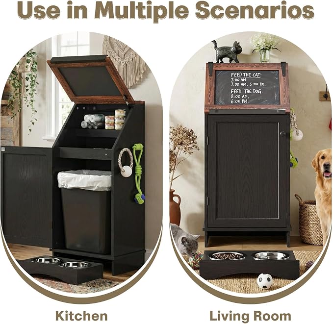 Flip-Top Dog Feeding Station, Dog Food Cabinet with Storage, Dog Food Station with Hidden Feeding Bowls, Pet Storage Cabinet, Dog Storage Organizer, Pet Food Holder, Black Oak Grain