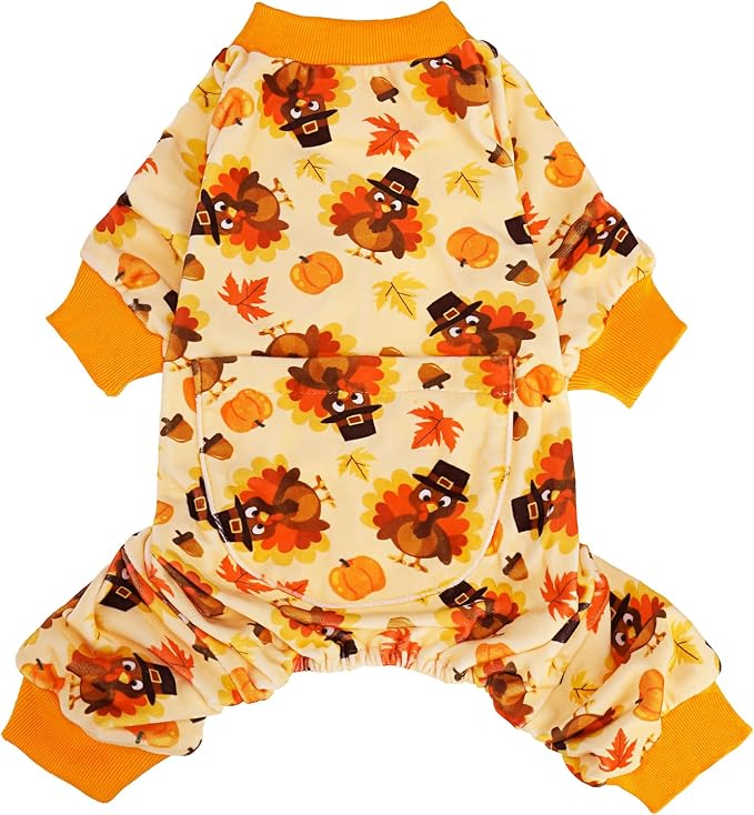 PUPTECK Soft Fleece Dog Pajamas for Small Medium Dogs, Dog Onesie Puppy Sweaters Clothes Jumpsuit Pjs, Cute Jammies Cat Coat Pet Costume Apparel, Turkey Orange XXL