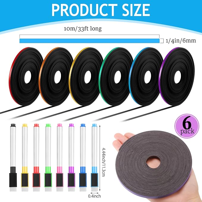 Tellegloww 6 Rolls 1/4" Magnetic Whiteboard Tape Set 33ft Tape Roll Thin Strips Borders with 48 Dry Erase Label and 8 Magnetic Whiteboard Markers for Classroom School Office Home(Mix Color)