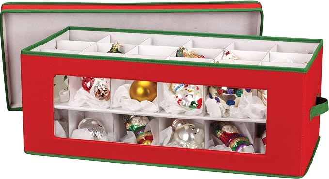 Household Essentials Ornament Storage Box, 36 Piece with Dividers, Sturdy and Stackable with Handles and Clear Plastic Window, Red Polyester Linen with Green Trim