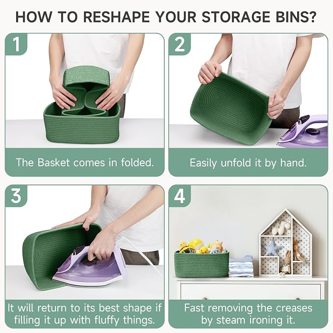 3 Pack Small Storage Baskets for Organizing, 11.8×7.8×5.1", Green | Woven Baskets for shelves, Cotton Rope Basket for Gifts Empty, Closet Organizer Bins with Handles, Cube Decorative Box
